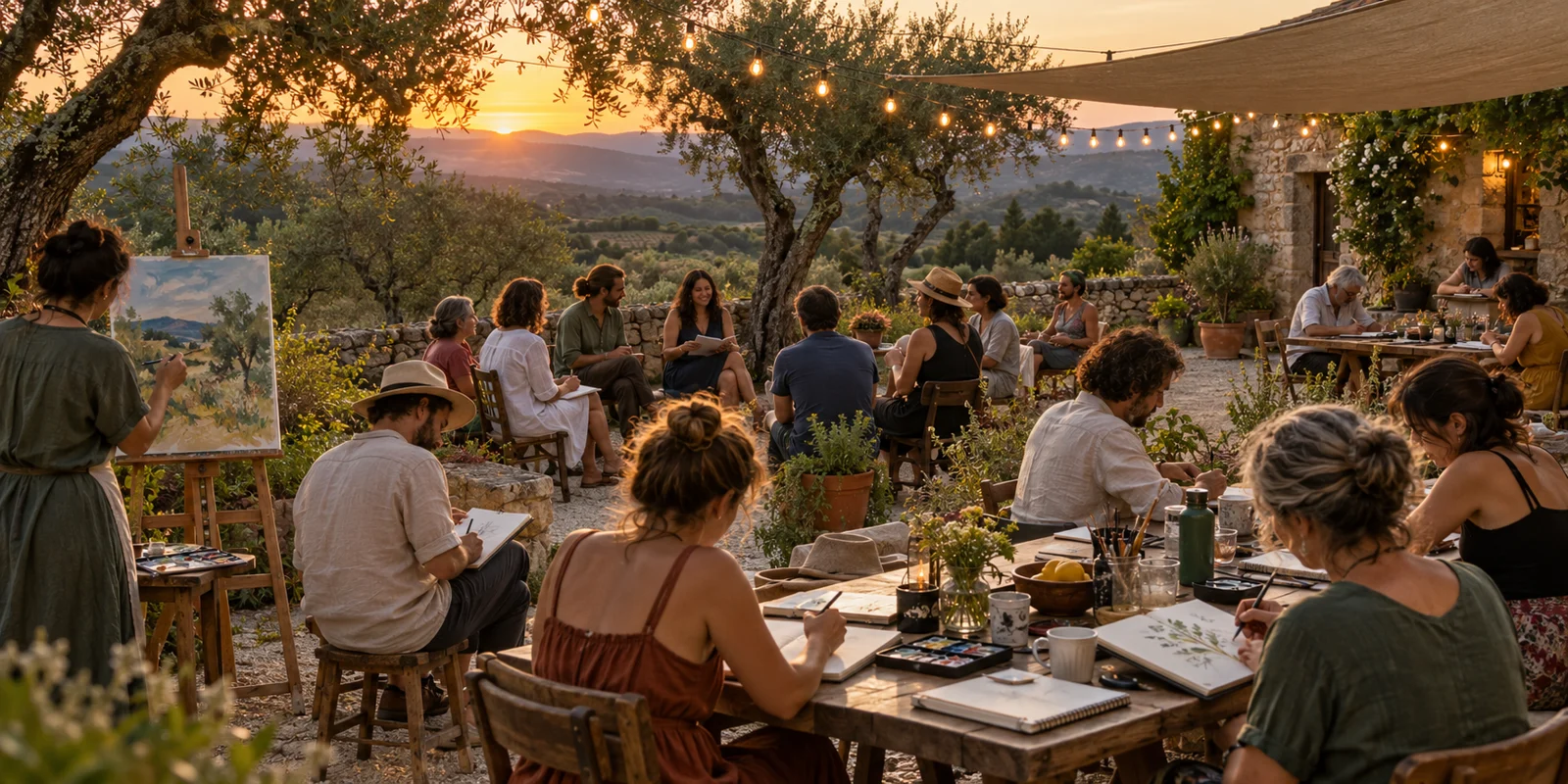 Concept illustration of writers and artists gathering in an olive-shaded courtyard, painting and sharing poetry